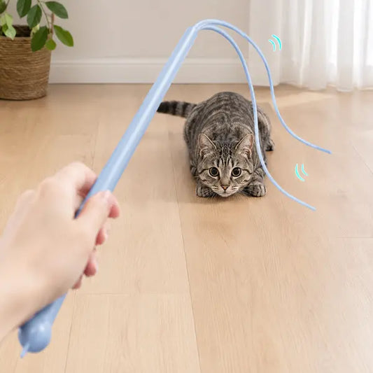 Mice Tail Cat Wand Toy, 30 Inches Long Cat Teaser Stick with Innovative Silicone Rat Tail Easy to Install and Clean Soft Easy Swing Tail Interactive Cat Toys for Indoor Cats (Blue)