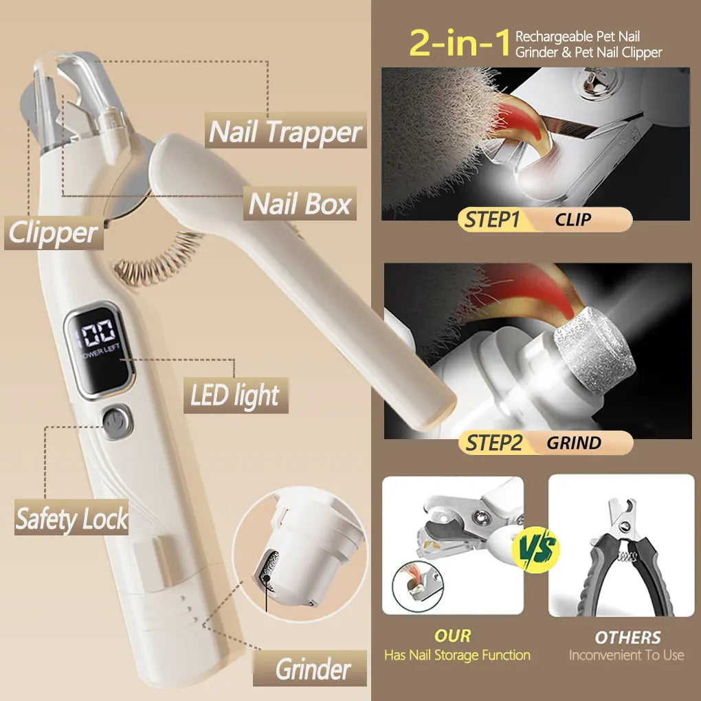 2-in-1 Electric Pet Nail Clipper and Grinder, Rechargeable and Ultra Quiet, Ideal for Trimming Dogs and Cats' Nails of All Sizes