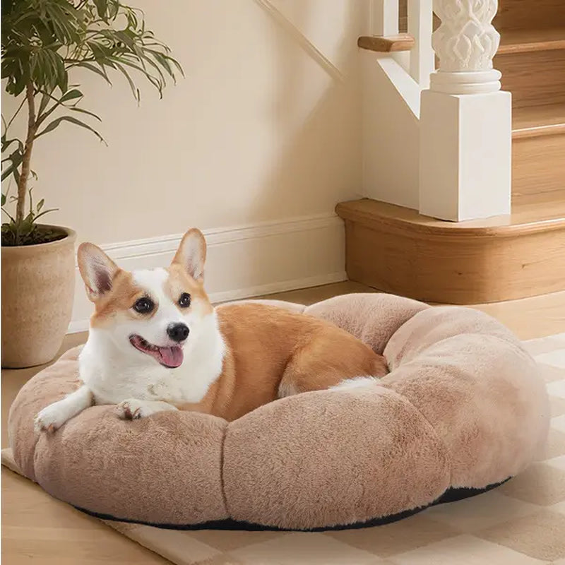 Veken Ohgeni Plush Donut Pet Bed for Dogs and Cats of All Sizes, Cozy Short Pile Fur, Durable Waterproof, Machine Washable Removable Cover, Ideal Round Bed for Puppies and Pets