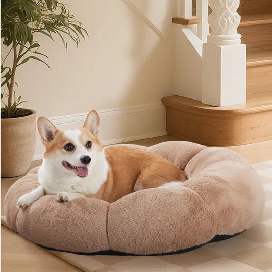 Veken Ohgeni Plush Donut Pet Bed for Dogs and Cats of All Sizes, Cozy Short Pile Fur, Durable Waterproof, Machine Washable Removable Cover, Ideal Round Bed for Puppies and Pets