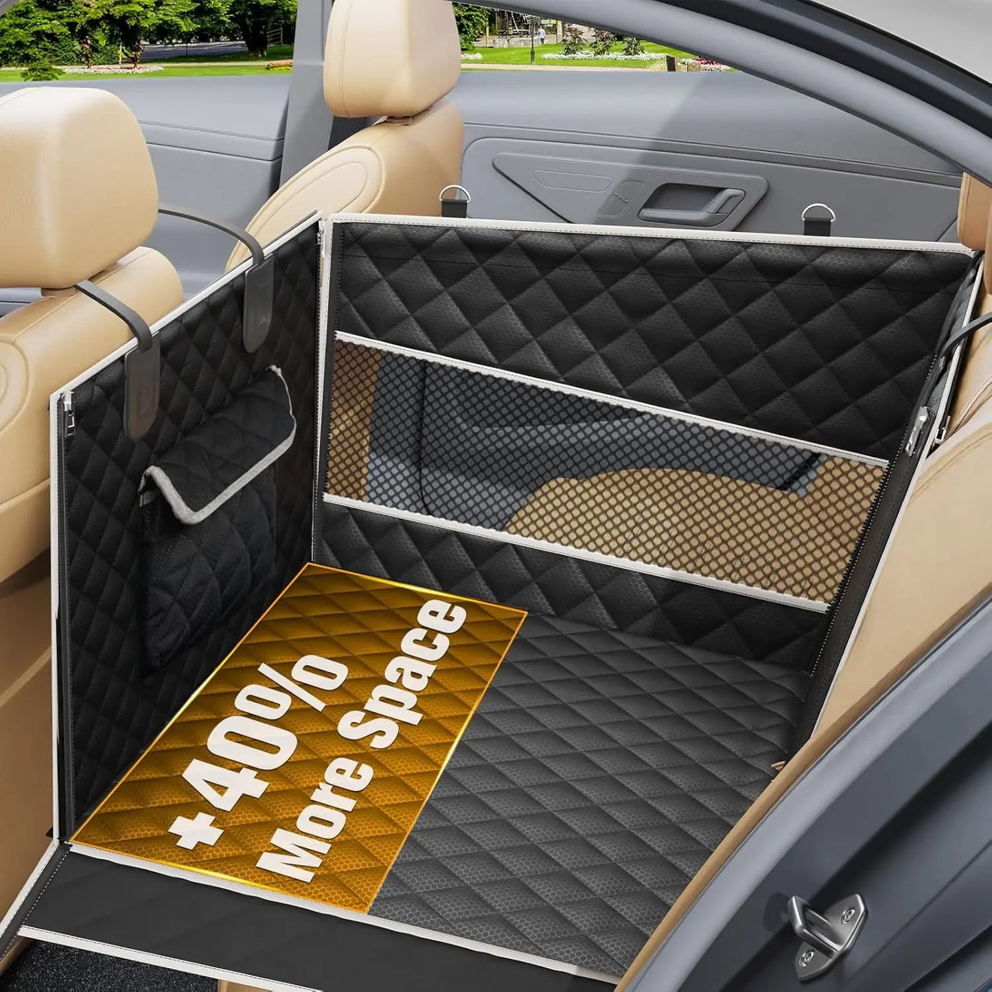 PETICON Premium Dog Car Seat for Large and Medium Breeds, Hard Bottom Back Seat Extender with Dual Mesh Windows, Waterproof Design with Storage Pocket for Vehicles, SUVs, and Trucks