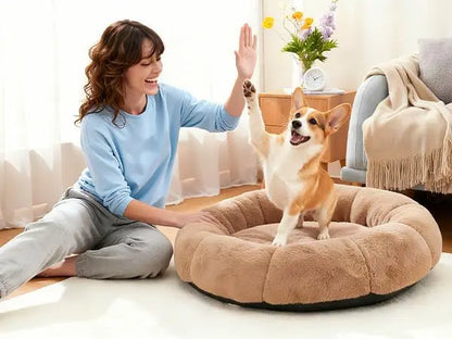 Veken Ohgeni Plush Donut Pet Bed for Dogs and Cats of All Sizes, Cozy Short Pile Fur, Durable Waterproof, Machine Washable Removable Cover, Ideal Round Bed for Puppies and Pets