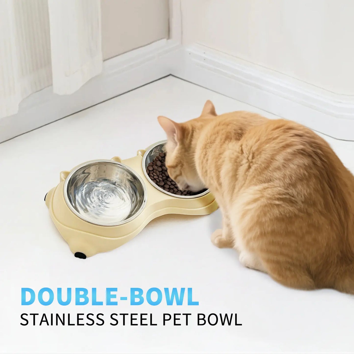 Double Stainless Steel Pet Bowl Set with Non-Slip Base – Feeding Station for Cats & Small Dogs, Easy-Clean Removable Bowls, Indoor/Outdoor Use-White，Gray，Yellow，Pink