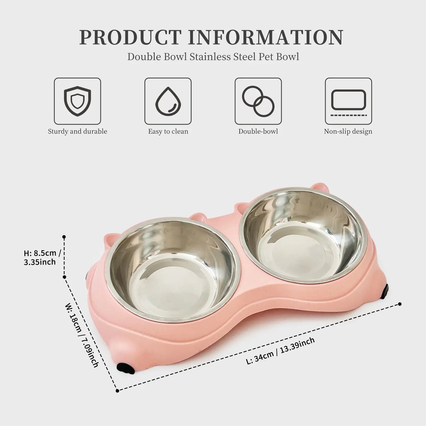Double Stainless Steel Pet Bowl Set with Non-Slip Base – Feeding Station for Cats & Small Dogs, Easy-Clean Removable Bowls, Indoor/Outdoor Use-White，Gray，Yellow，Pink