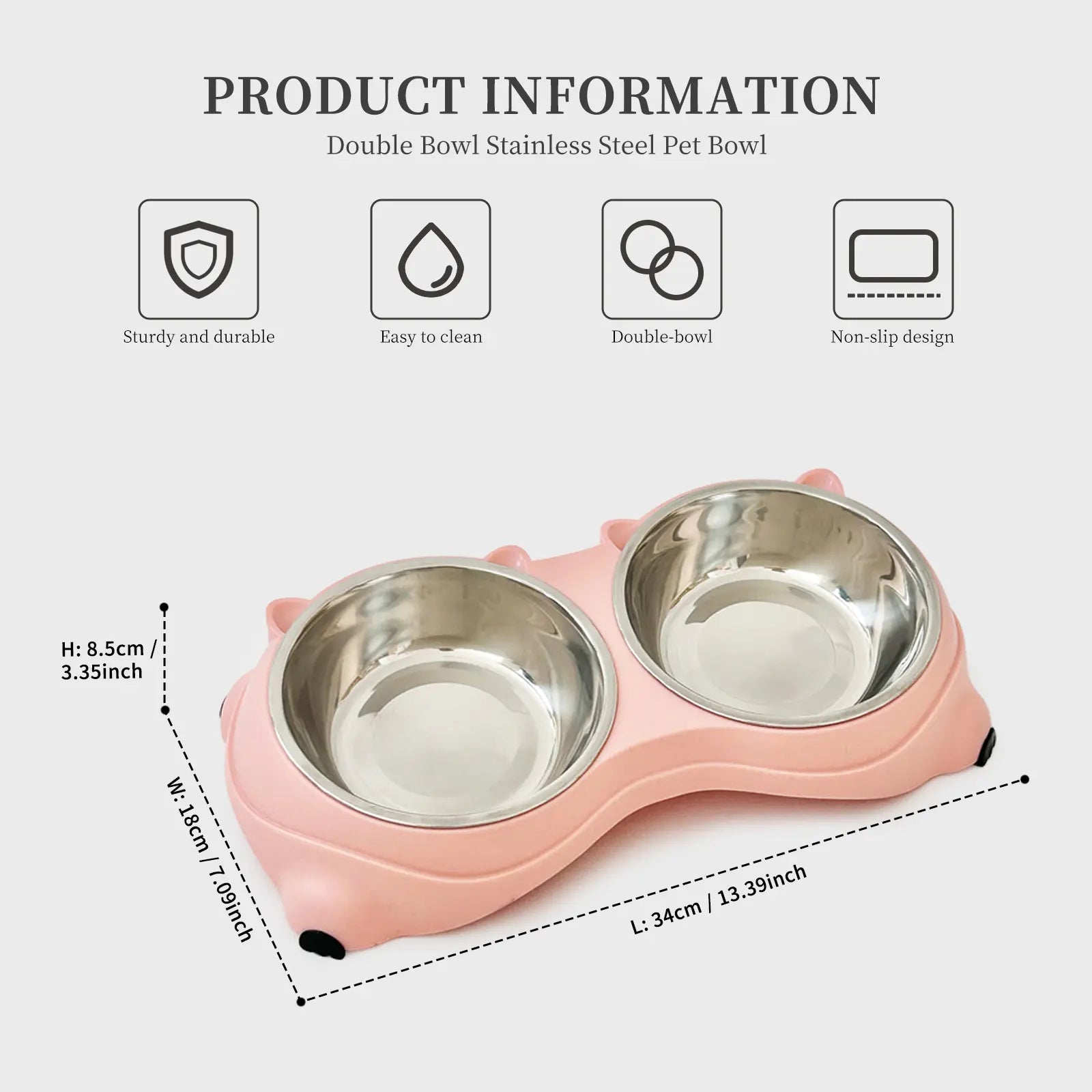 Double Stainless Steel Pet Bowl Set with Non-Slip Base – Feeding Station for Cats & Small Dogs, Easy-Clean Removable Bowls, Indoor/Outdoor Use-White，Gray，Yellow，Pink