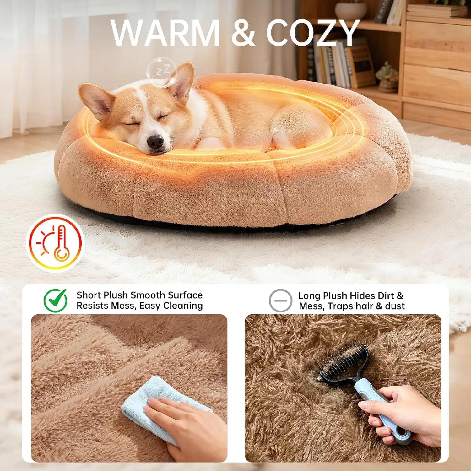 Veken Ohgeni Plush Donut Pet Bed for Dogs and Cats of All Sizes, Cozy Short Pile Fur, Durable Waterproof, Machine Washable Removable Cover, Ideal Round Bed for Puppies and Pets