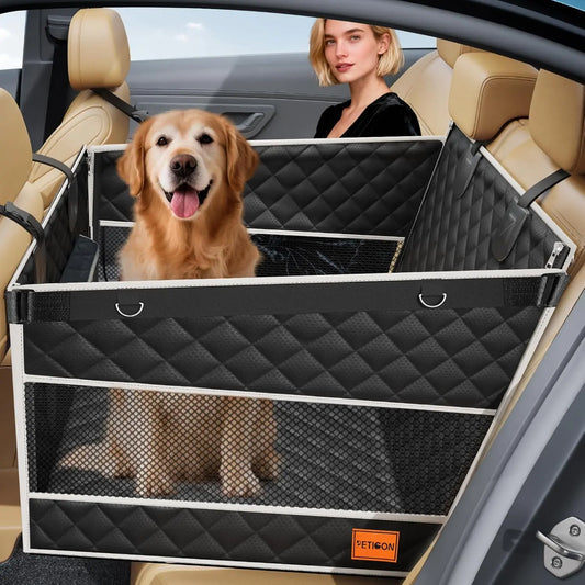 PETICON Premium Dog Car Seat for Large and Medium Breeds, Hard Bottom Back Seat Extender with Dual Mesh Windows, Waterproof Design with Storage Pocket for Vehicles, SUVs, and Trucks