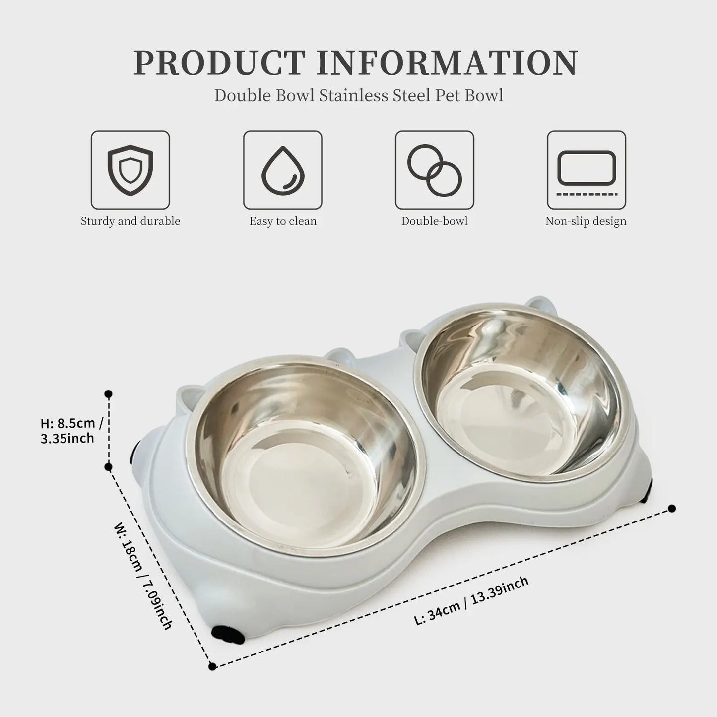 Double Stainless Steel Pet Bowl Set with Non-Slip Base – Feeding Station for Cats & Small Dogs, Easy-Clean Removable Bowls, Indoor/Outdoor Use-White，Gray，Yellow，Pink