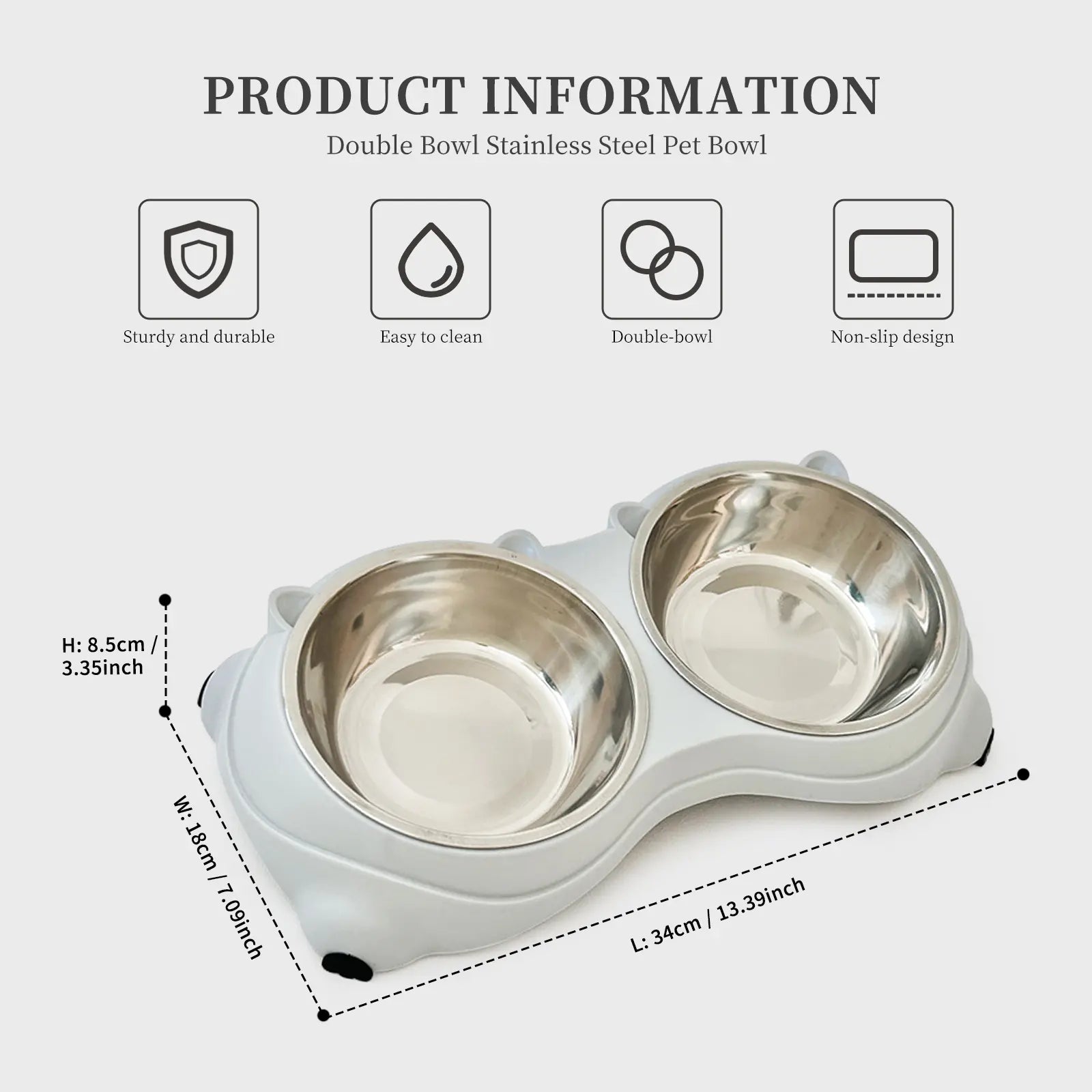Double Stainless Steel Pet Bowl Set with Non-Slip Base – Feeding Station for Cats & Small Dogs, Easy-Clean Removable Bowls, Indoor/Outdoor Use-White，Gray，Yellow，Pink