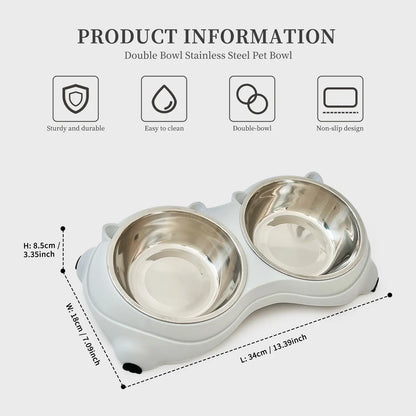 Double Stainless Steel Pet Bowl Set with Non-Slip Base – Feeding Station for Cats & Small Dogs, Easy-Clean Removable Bowls, Indoor/Outdoor Use-White，Gray，Yellow，Pink