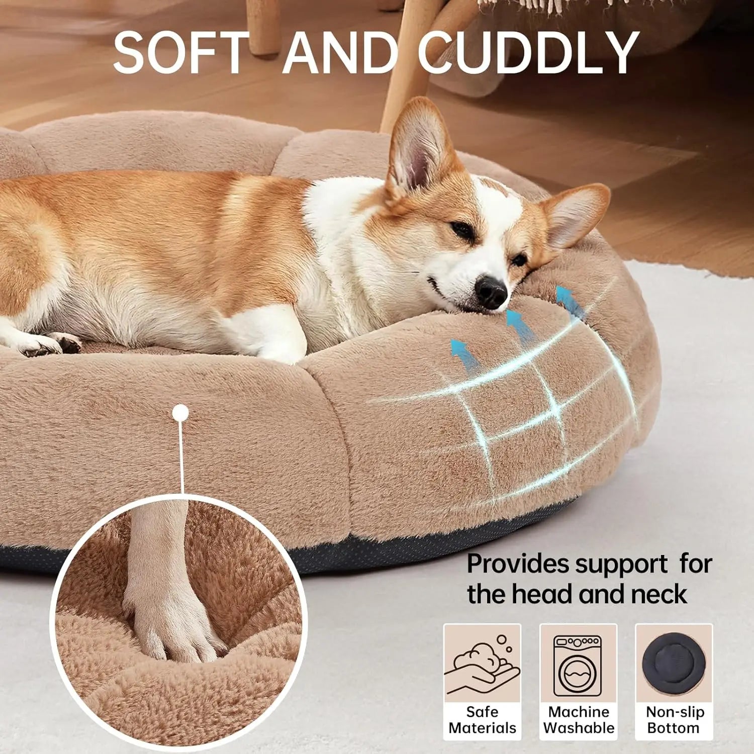 Veken Ohgeni Plush Donut Pet Bed for Dogs and Cats of All Sizes, Cozy Short Pile Fur, Durable Waterproof, Machine Washable Removable Cover, Ideal Round Bed for Puppies and Pets