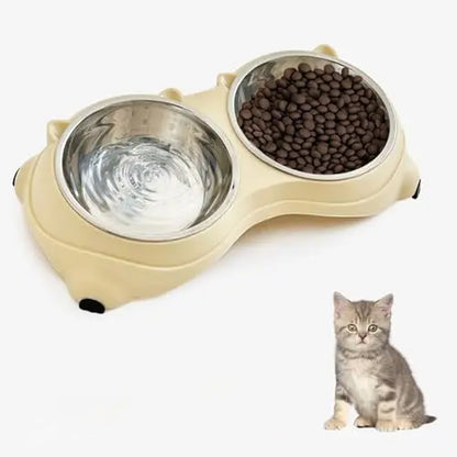 Double Stainless Steel Pet Bowl Set with Non-Slip Base – Feeding Station for Cats & Small Dogs, Easy-Clean Removable Bowls, Indoor/Outdoor Use-White，Gray，Yellow，Pink