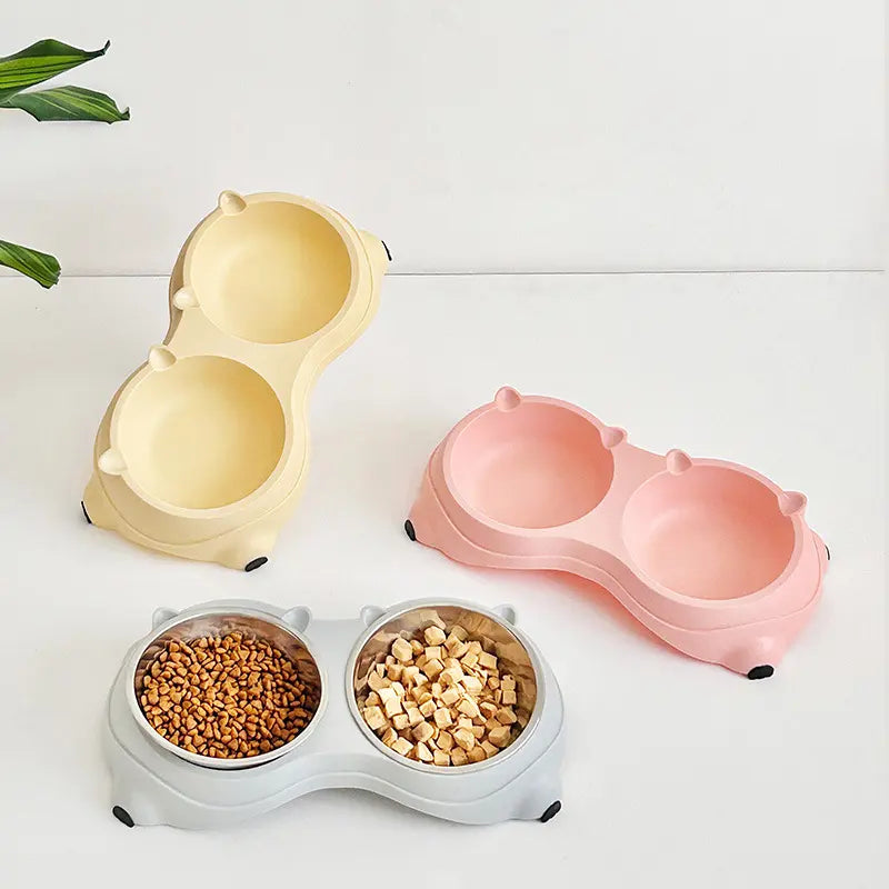 Double Stainless Steel Pet Bowl Set with Non-Slip Base – Feeding Station for Cats & Small Dogs, Easy-Clean Removable Bowls, Indoor/Outdoor Use-White，Gray，Yellow，Pink