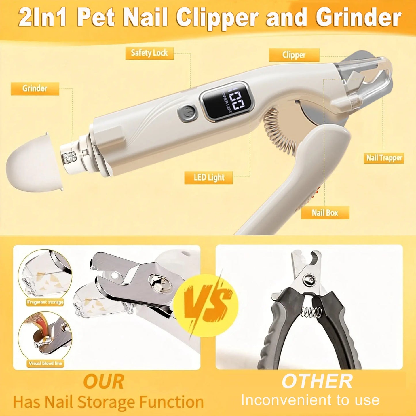 2-in-1 Electric Pet Nail Clipper and Grinder, Rechargeable and Ultra Quiet, Ideal for Trimming Dogs and Cats' Nails of All Sizes