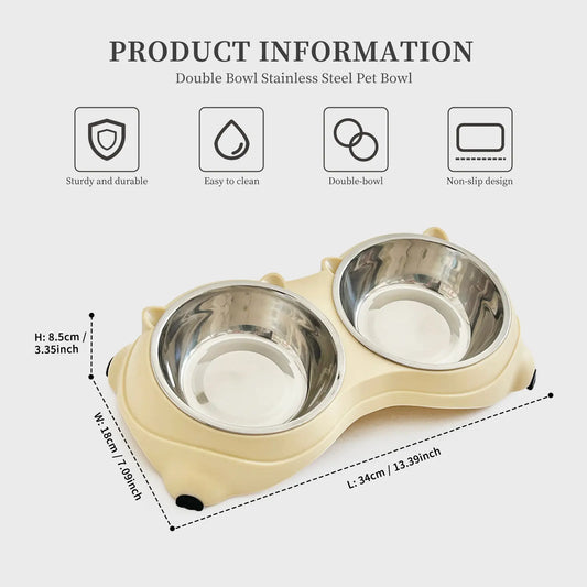 Double Stainless Steel Pet Bowl Set with Non-Slip Base – Feeding Station for Cats & Small Dogs, Easy-Clean Removable Bowls, Indoor/Outdoor Use-White，Gray，Yellow，Pink