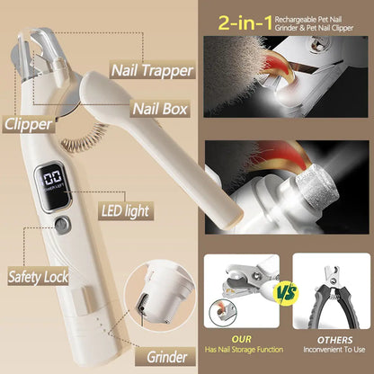 2-in-1 Electric Pet Nail Clipper and Grinder, Rechargeable and Ultra Quiet, Ideal for Trimming Dogs and Cats' Nails of All Sizes