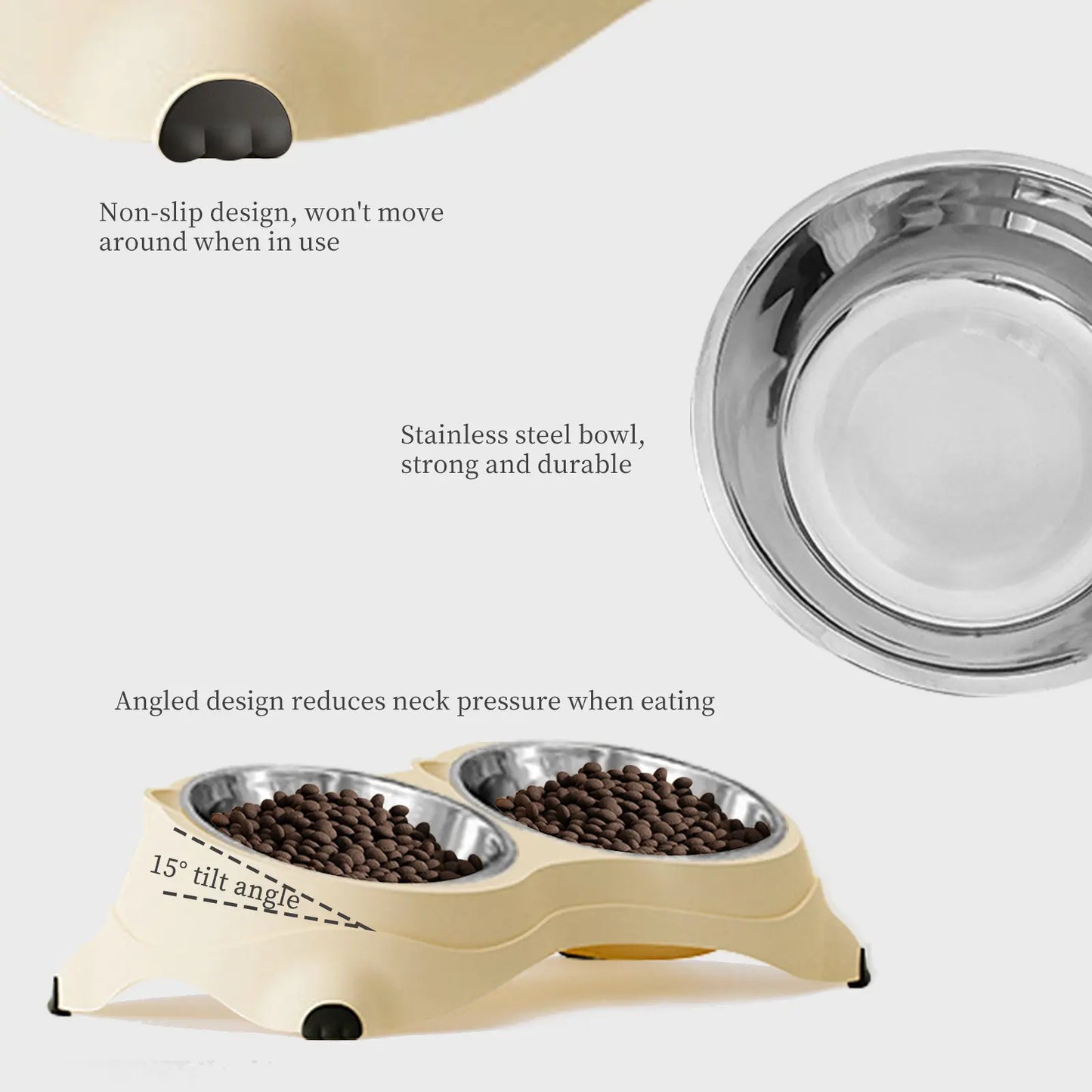 Double Stainless Steel Pet Bowl Set with Non-Slip Base – Feeding Station for Cats & Small Dogs, Easy-Clean Removable Bowls, Indoor/Outdoor Use-White，Gray，Yellow，Pink