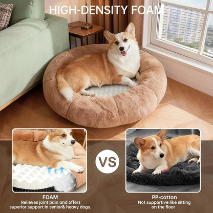 Veken Ohgeni Plush Donut Pet Bed for Dogs and Cats of All Sizes, Cozy Short Pile Fur, Durable Waterproof, Machine Washable Removable Cover, Ideal Round Bed for Puppies and Pets