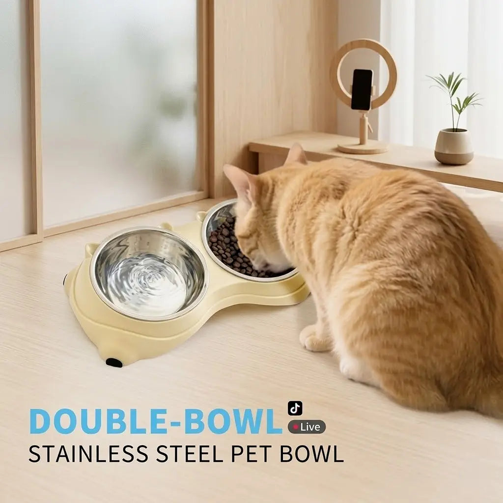 Double Stainless Steel Pet Bowl Set with Non-Slip Base – Feeding Station for Cats & Small Dogs, Easy-Clean Removable Bowls, Indoor/Outdoor Use-White，Gray，Yellow，Pink