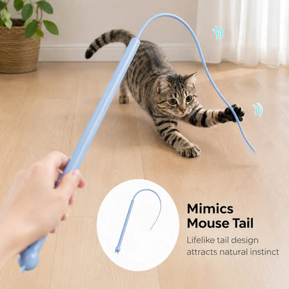 Mice Tail Cat Wand Toy, 30 Inches Long Cat Teaser Stick with Innovative Silicone Rat Tail Easy to Install and Clean Soft Easy Swing Tail Interactive Cat Toys for Indoor Cats (Blue)