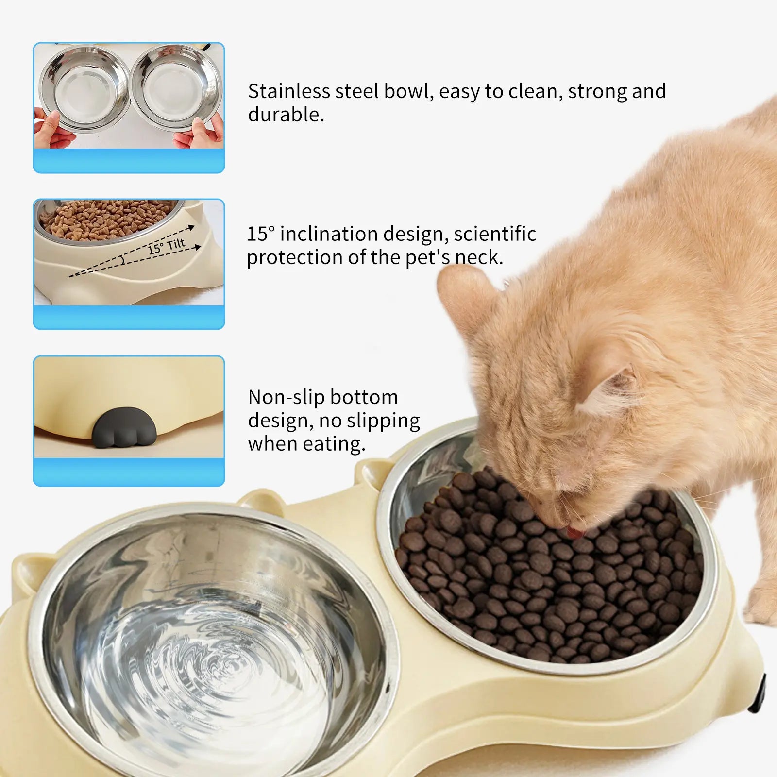 Double Stainless Steel Pet Bowl Set with Non-Slip Base – Feeding Station for Cats & Small Dogs, Easy-Clean Removable Bowls, Indoor/Outdoor Use-White，Gray，Yellow，Pink