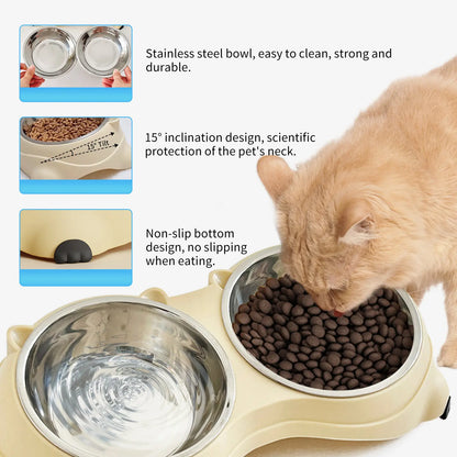 Double Stainless Steel Pet Bowl Set with Non-Slip Base – Feeding Station for Cats & Small Dogs, Easy-Clean Removable Bowls, Indoor/Outdoor Use-White，Gray，Yellow，Pink