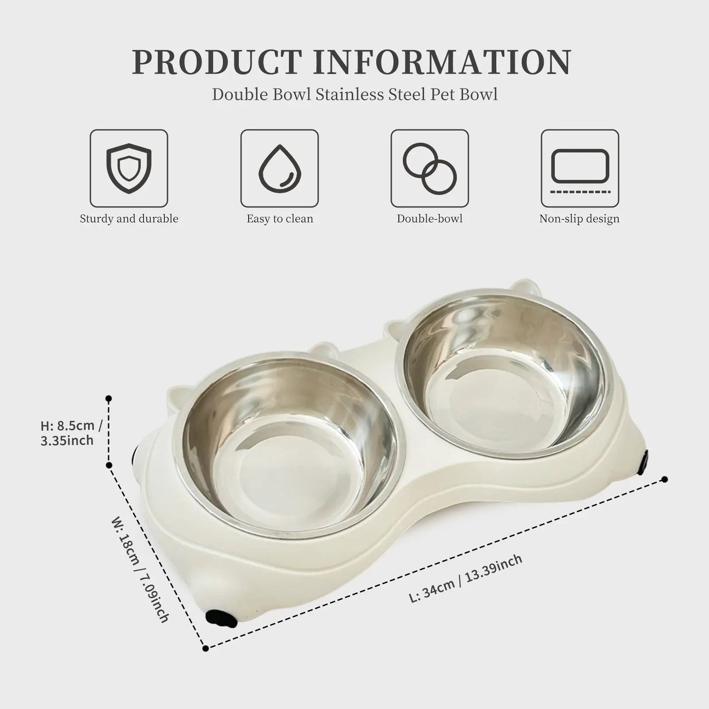 Double Stainless Steel Pet Bowl Set with Non-Slip Base – Feeding Station for Cats & Small Dogs, Easy-Clean Removable Bowls, Indoor/Outdoor Use-White，Gray，Yellow，Pink