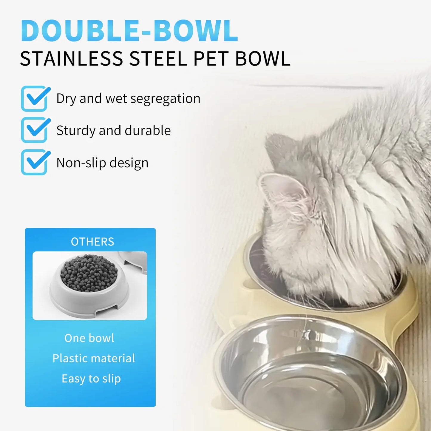 Double Stainless Steel Pet Bowl Set with Non-Slip Base – Feeding Station for Cats & Small Dogs, Easy-Clean Removable Bowls, Indoor/Outdoor Use-White，Gray，Yellow，Pink