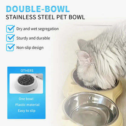 Double Stainless Steel Pet Bowl Set with Non-Slip Base – Feeding Station for Cats & Small Dogs, Easy-Clean Removable Bowls, Indoor/Outdoor Use-White，Gray，Yellow，Pink