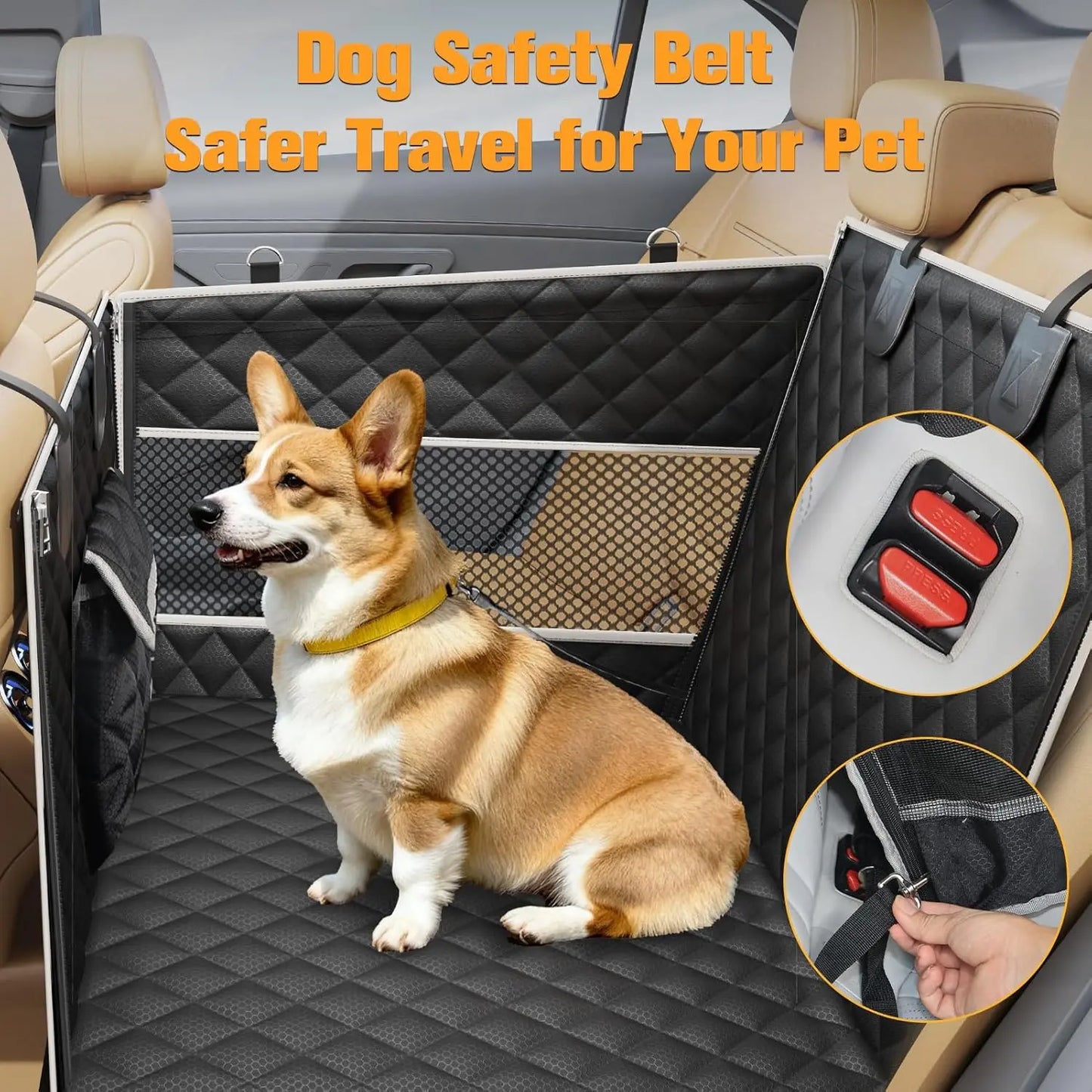 PETICON Premium Dog Car Seat for Large and Medium Breeds, Hard Bottom Back Seat Extender with Dual Mesh Windows, Waterproof Design with Storage Pocket for Vehicles, SUVs, and Trucks