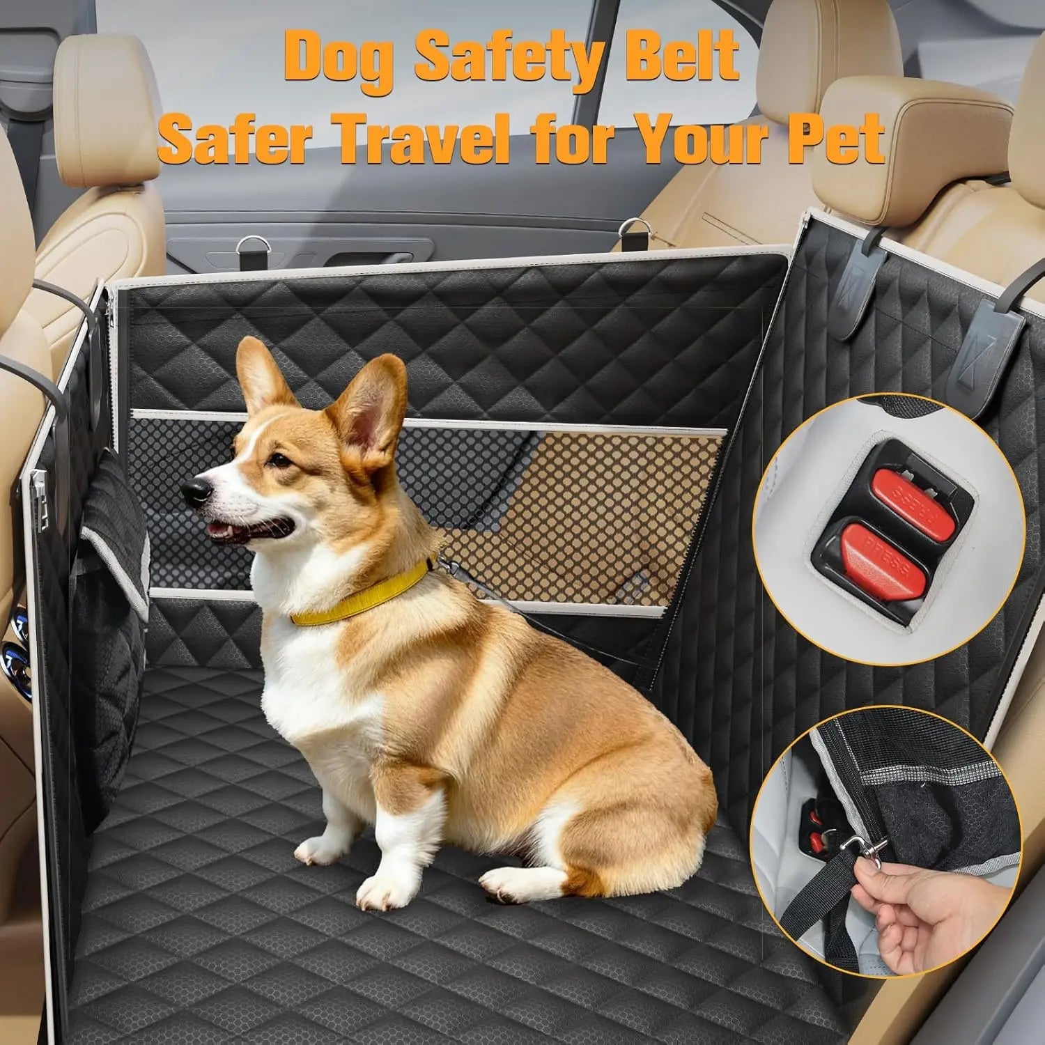 PETICON Premium Dog Car Seat for Large and Medium Breeds, Hard Bottom Back Seat Extender with Dual Mesh Windows, Waterproof Design with Storage Pocket for Vehicles, SUVs, and Trucks